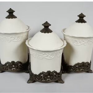 Chris Madden JC Penny Corvella stoneware canister set of 3ivory retired Vintage